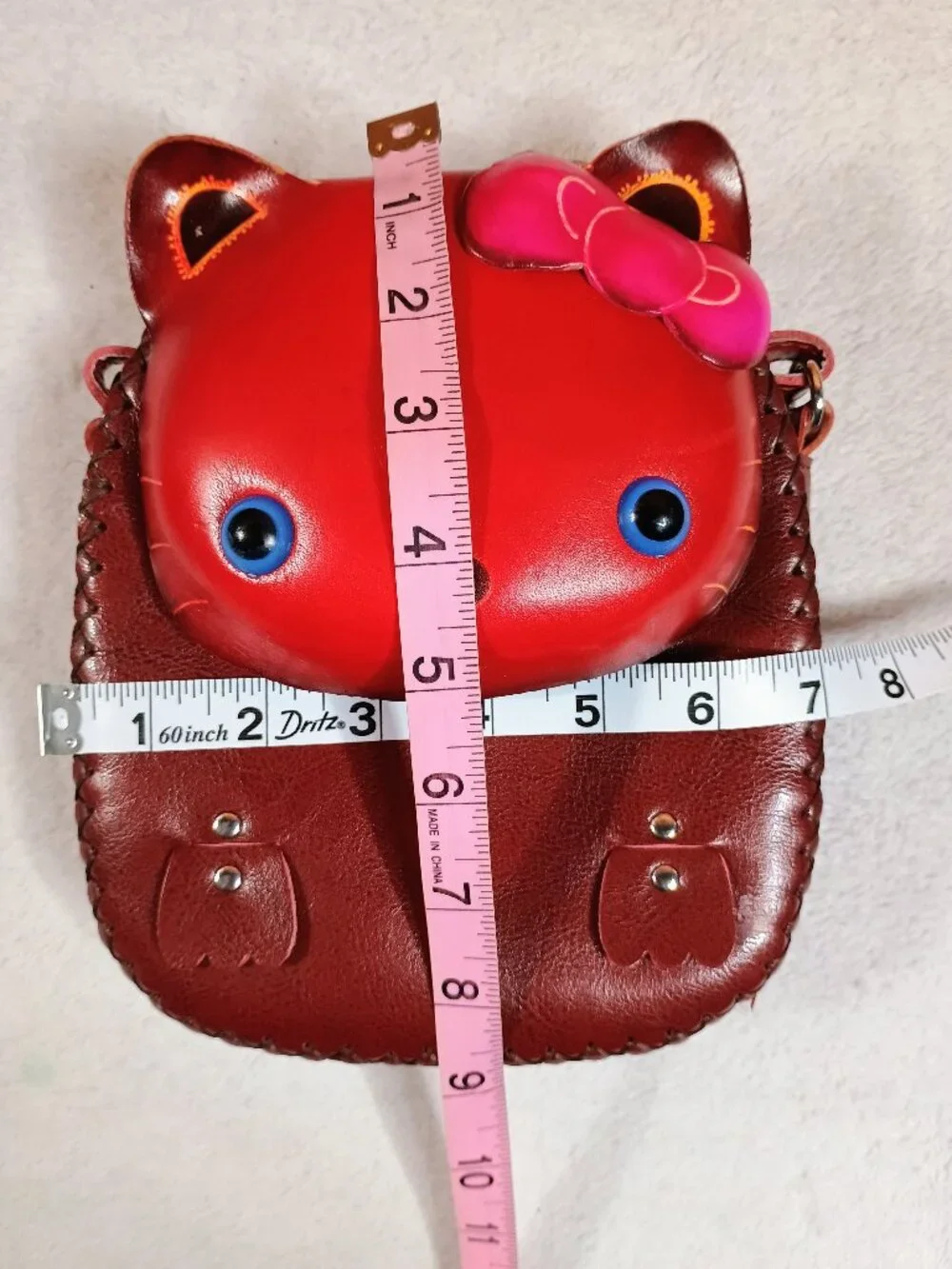 EUC Handmade Tooled Leather Red & Maroon Cat Novelty Crossbody Bag Small